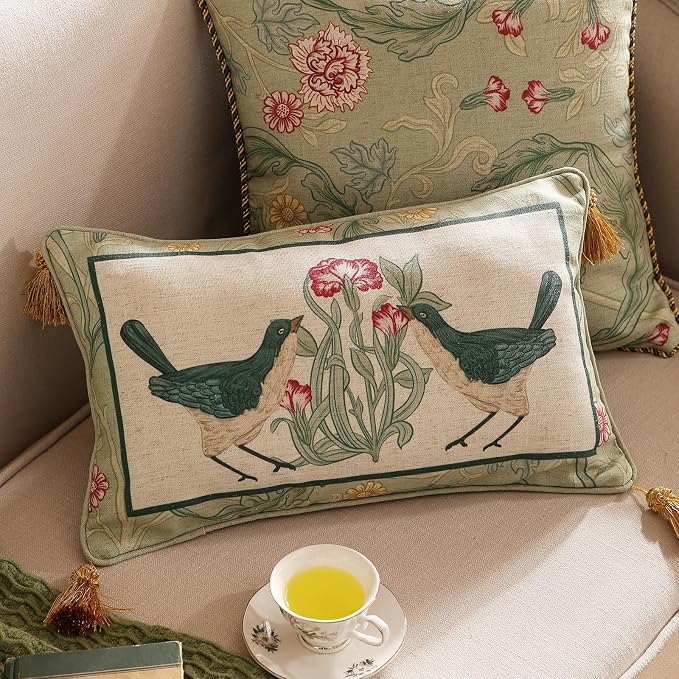 patdrea French Vintage Linen Throw Pillow Cover,12"x20",Set of 2-Cecilia E | Decorative Pillow Case with Zipper,Green Floral Pattern,Cushion Coverfor Couch Living Room Bedroom Sofa