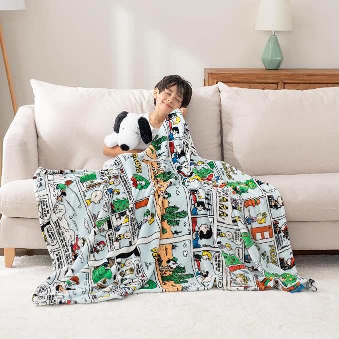 Berkshire Blanket Peanuts® VelvetLoft® Cute Character Snoopy Plush Oversized Throw Blanket, Peanuts Christmas Comic Strip Colorized White (50in x 60in)