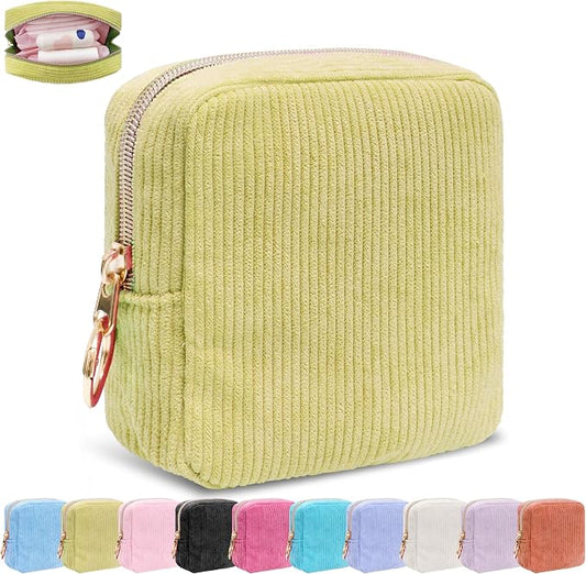 Period Bag for Girls, Corduroy Period Kit with Sanitary Pad Pouch, Menstrual Storage Bag and Tampon Holder for Purse, Girls School Essentials,Feminine Care Organizer(Green)