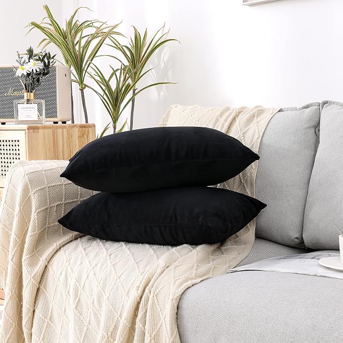NiNi ALL Black Velvet Throw Pillow Covers 12x20 Pack of 2 Decorative Couch | Soft Solid Boho Cushion Squar Pillow Cases for Chair Sofa Bedroom Farmhouse Living room Modern Luxury Home Decor Halloween