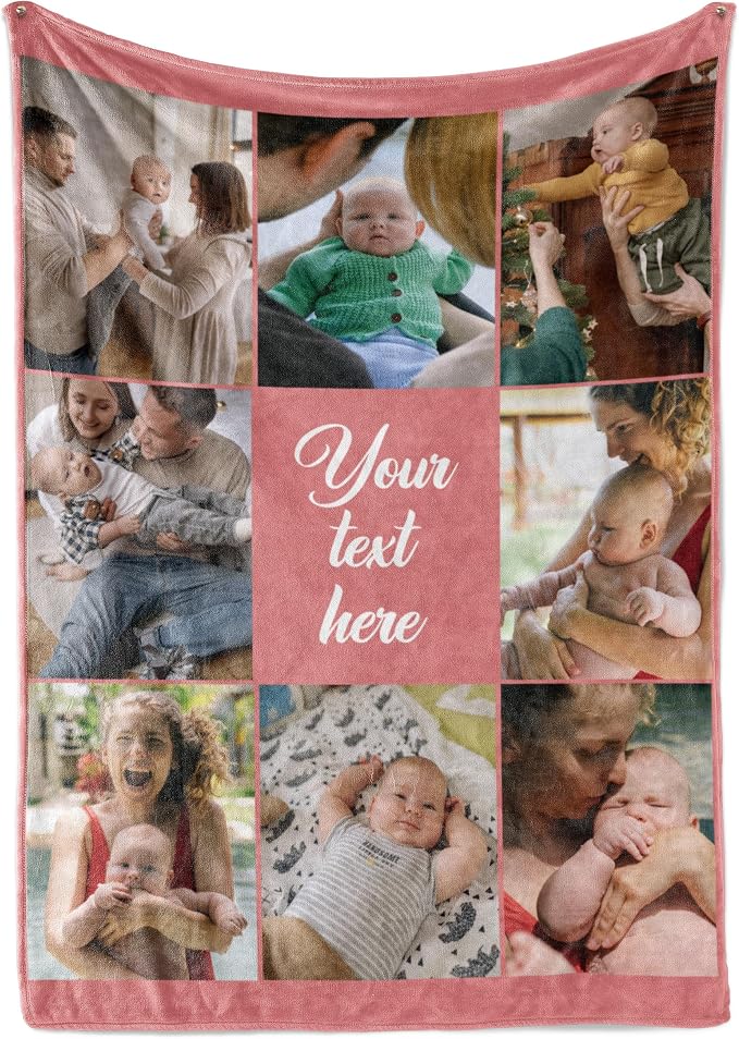 Personalized Photo & Text Blanket, Custom Picture Fleece Throw (8-Pic) | Printed in USA, ships next day, add 1-9 photos & custom text, fleece or sherpa, family keepsake gift, cozy home decor