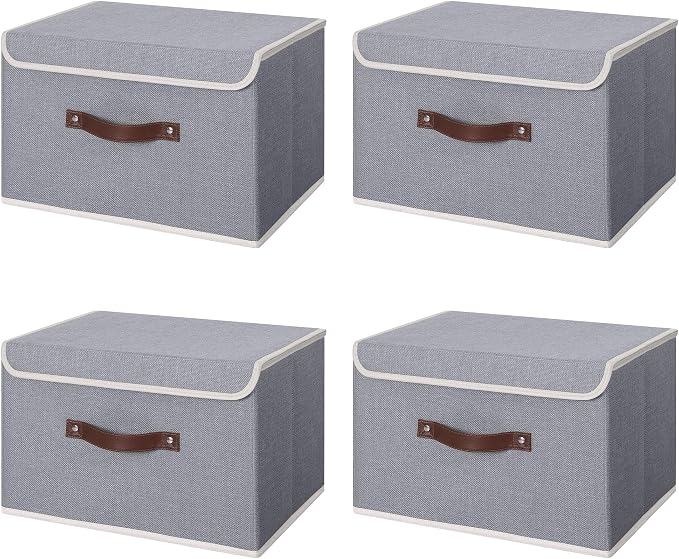 ANMINY Fabric Storage Box Bins with Lids, Gray, 13"x9"x7.9", 4 Pack | Keepsake Memory Storage, Cotton Linen, PP Board Reinforced, Washable, PU Handles, Foldable & Stackable, Decorative, Medium
