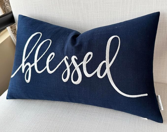 EURASIA DECOR Blessed Embroidered Lumbar Pillow Cover 12x20, Navy Blue | Raised ivory script on navy blue; scripture faith gift, cotton, hidden zip, solid back, cover only
