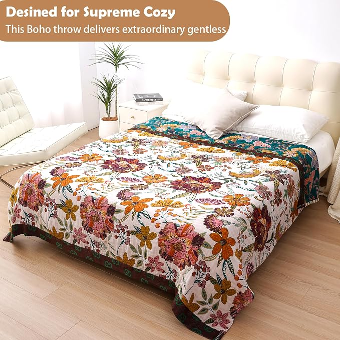 VANJOROY King Boho Throw Blanket for Bed, 100% Cotton Muslin Soft Throw-Floral Farmhouse Rustic Decor Blanket for Couch Sofa Quilt and Gift, 91" x 98"-BeigeWhite