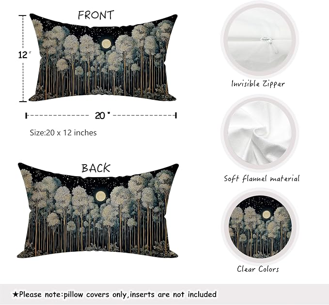 Rustic William Morris Inspired Night Forest Green Moon Pillow Covers 12x20 Double-Sided,Vintage Botanical Nature Landscape Decorative Throw Pillow Covers for Home Bedroom Living Room