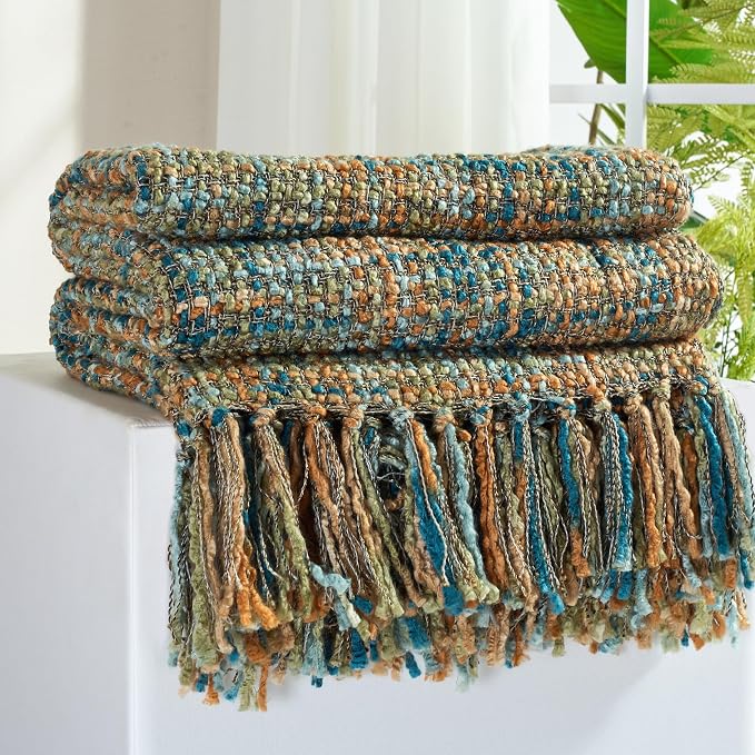 Multi-Color Cable Woven Throw Blanket for Couch - 60"X80" | Multicolored Boho Style,Super Soft Warm Cozy Chunky Blankets with Decorative Tassels for Bed and Sofa,Gold Green