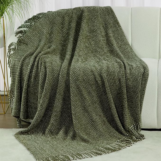 Blagic Wheat Textured Knit Throw Blanket for Couch,Green and White,60"x80" | Soft Farmhouse Boho Throw Blanket with Tassels,Decorative for Living Room,Gifts for Adults,All Season Use