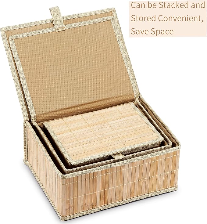 Honygebia Bamboo Decorative Storage Boxes - Set of 3 Woven Lined Storage Basket with Lids, Beige Wicker Lidded Baskets for Home Kitchen Shelf Organizer Decor