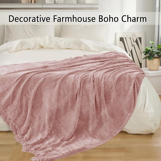 Chenille Throw Blanket for Couch 50" x 60", Dusty Pink | Soft Cozy Throws with Fringe Tassel, for Living Room Bed Sofa Chair Cover, Lightweight Knitted Boho Blankets Christmas Decor