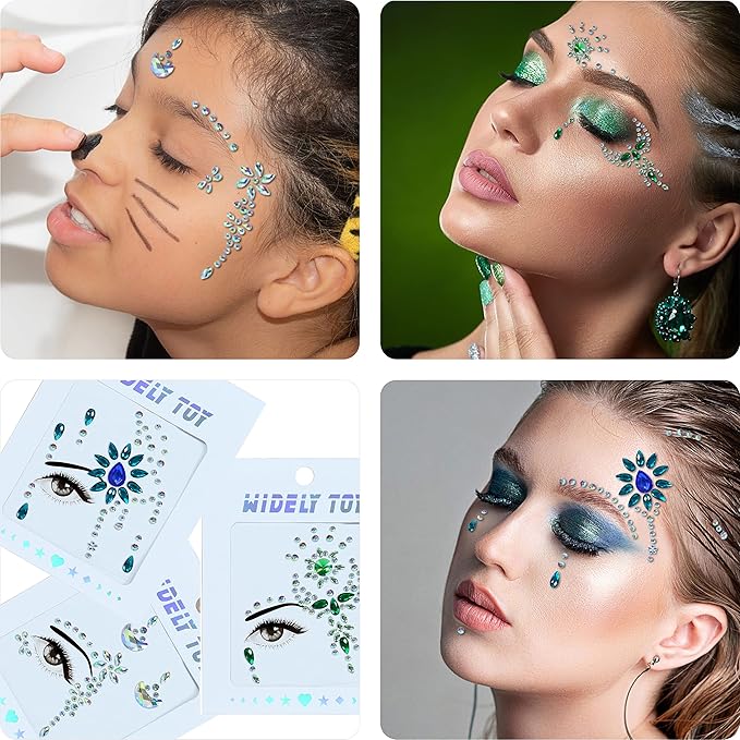 Face Jewels 6 Sheets Face Gems Stick On, 10g Chunky Glitter, Face Jewelry Rhinestones Crystals Stickers, Fairy Euphoria Eye Body Makeup Rave Clothes Festival Outfit Accessories