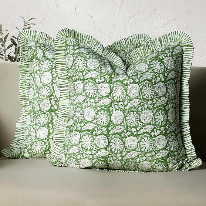 CPC Olive Bloom Hand Block Print 100% Cotton Ruffle Throw Pillow Cover 18x18 inch with Hidden Zipper Decorative for Couch, Bed, Sofa, Farmhouse, Cottagecore Decor Gift Christmas Fall Thanksgiving