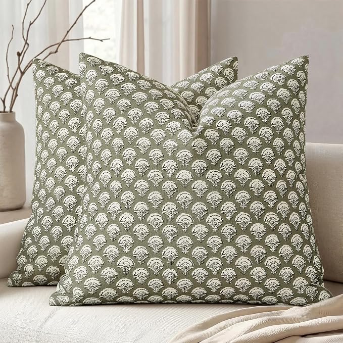 MIULEE Floral Print Decorative Euro Pillow Covers 22x22, Sage Green | Vintage Boho Farmhouse Modern Home Decor, Set of 2, Block Print Cushion Covers for Couch Sofa Bed Living Room