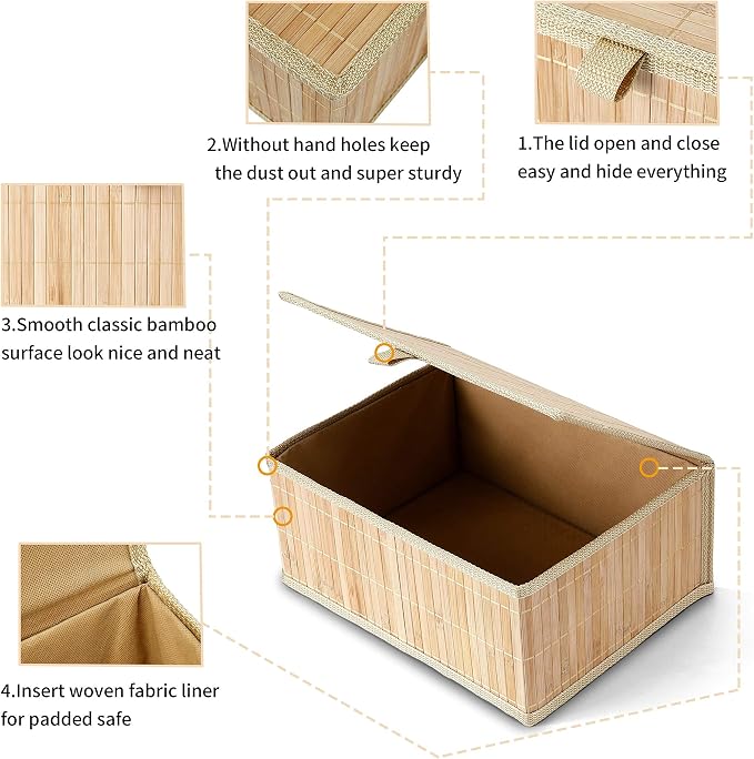 Honygebia Bamboo Decorative Storage Boxes - Set of 3 Woven Lined Storage Basket with Lids, Beige Wicker Lidded Baskets for Home Kitchen Shelf Organizer Decor