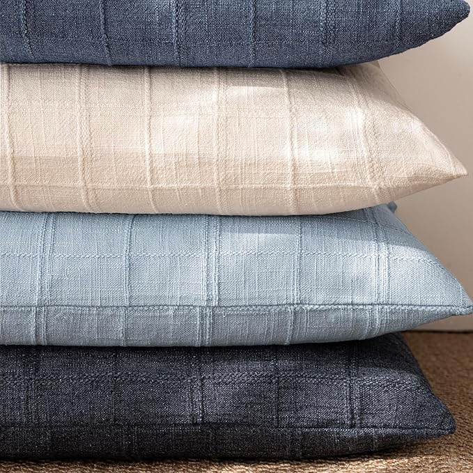Foindtower Set of 2 Decorative Linen Check Throw Pillow Covers Neutral Farmhouse Vintage Cushion Covers Modern Boho Accent Home Decor for Sofa Chair Couch Bedroom Living Room,24×24 Inch,Sky Blue