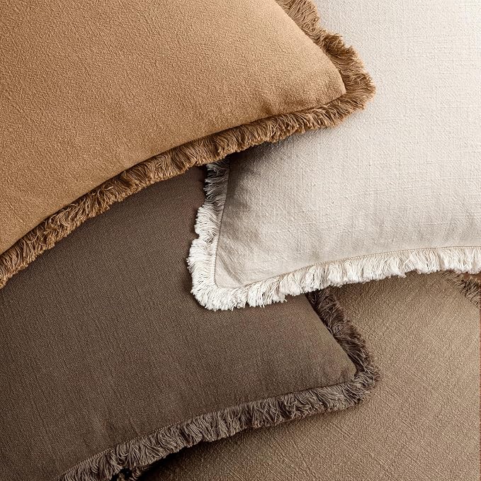MIULEE Fall Linen Fringe Pillow Covers Set of 4 18x18 Neutral Brown | Boho Farmhouse Decorative Throw Pillow Covers, Neutral Soft Rustic Cushion Cases, for Couch Sofa Bed Living Room Home Decor