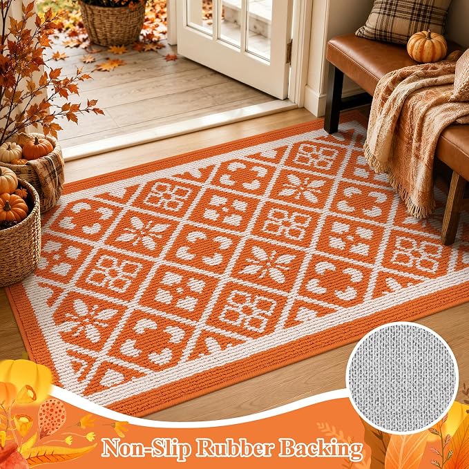 Ileading Fall Indoor Door Mat Washable Orange Muddy Mats for Dogs 3x5ft