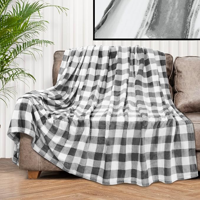 PAVILIA Light Grey Buffalo Plaid Throw Blanket for Couch, Soft Checkered Flannel Fleece Blanket for Sofa, Grey White Plaid Decorative Couch Throw, Warm Cozy All Season Fall Blanket Decor Gift, 50x60