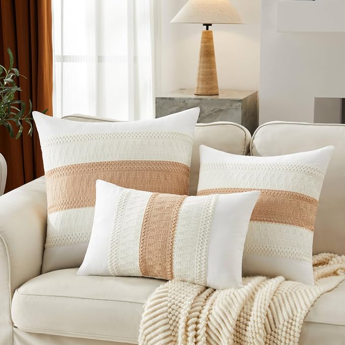 2pk Boho Pillow Covers 24x24, Natural White/Contrast/Beige | 100% Organic Cotton Body, Stripe Embroidery, Farmhouse Decorative Cushion Covers for Sofa Bed Living Room Home Decor