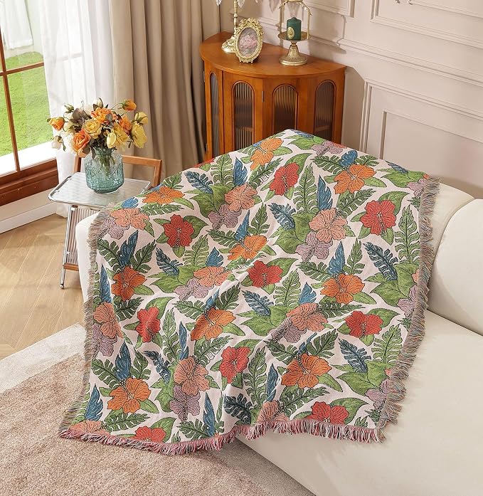 Homesy Boho Floral American Pastoral Southwest Throw Blanket 51"x63" | Southwest Decor,Modern Flower,Sofa Chair Cover,Outdoor Beach Car Tent Travel Camping Use,Tapestry,Reversible and Tassels