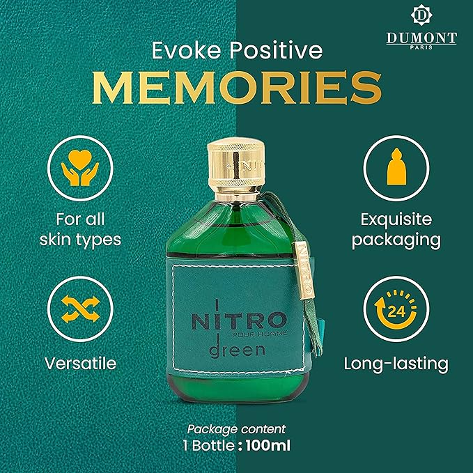 Dumont Nitro Green 3.4 Fl Oz Eau De Parfum for Men – Citrus Fresh Aromatic Fragrance – Luxurious Long Lasting Scent