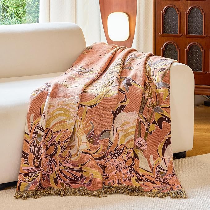VANJOROY Boho Throw Blanket 80" x 90", 100% Organic Cotton Breathable Skin-Friendly Ultra Soft Bed Quilt Throw - Floral Rustic Decor Luxury Reversible Blanket for Sofa Couch Chair and Gift,