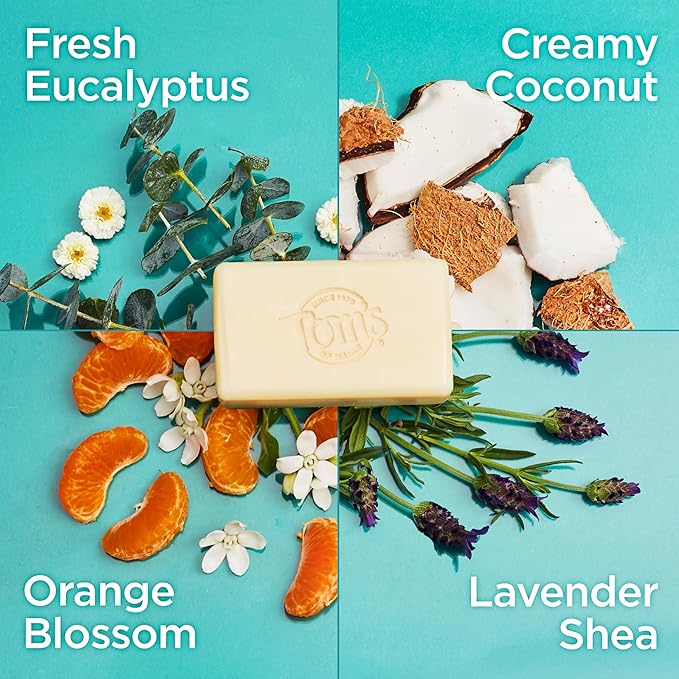 Tom's of Maine Bar Soap Variety Pack, Natural Bar Soap for Women and Men, Lavender & Shea, Fresh Eucalyptus, Creamy Coconut, Orange Blossom, 5 oz Bars (4-Pack)