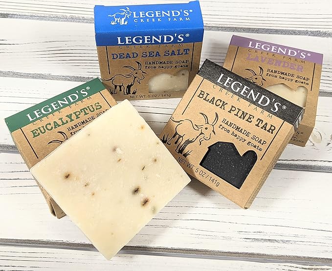 Legend's Creek Farm Goat Milk Soap - Cleansing Moisturizing Bar for Hands and Body - 5 Oz Natural Soap for Sensitive Skin, Handmade in USA (4-Pack: Dead Sea, Eucalyptus, Lavender, Pine Tar)
