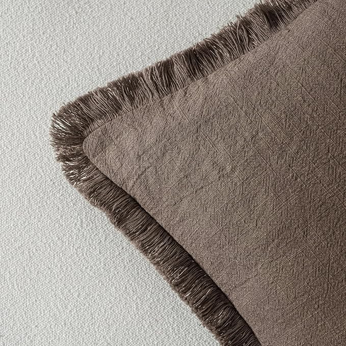 MIULEE Boho Linen Fringe Decorative Fall Throw Pillow Covers Coffee 20x20 | Set of 2, Cottagecore Decor, Boho Farmhouse Neutral Pillow Covers, Rustic Fall Couch Cushion Cases for Sofa Bed Living Room