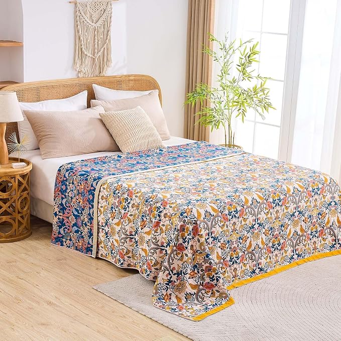 XIBLC Boho Blanket Throw Quilt, 100% Cotton Soft Light Weight Throw Blankets for Summer, 50"x60" Farmhouse Flower Decorative Blankets, All Season Rustic Reversible Bohemian Throw Quilt