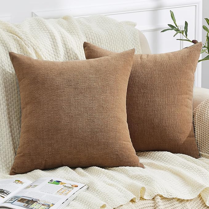 GAWAMAY Decorative Square 16x16 Inch Throw Pillow Covers Set of 2, Super Soft Chenille Pillows Farmhouse Fall Pillowcase for Living Room Bedroom Sofa Couch Cushion Cover Brown 40x40cm (No Inserts)