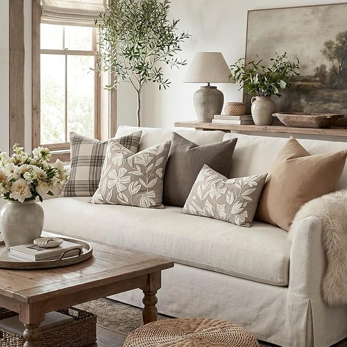 Decorative Throw Pillow Cover 20x20, Light Taupe Velvet Accent Cushion Cover for Couch Sofa Living Room, Floral Tufted Square Pillowcase (Cover Only)