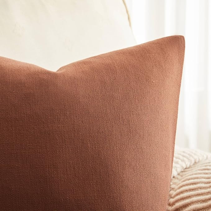Rustic Linen Throw Pillow Covers Set of 2, Terracotta 24x24in | Textured Pillow Case, Rustic Cotton Linen Fabric, Modern Farmhouse Cushion Covers for Sofa Bed Living Room Home Decor