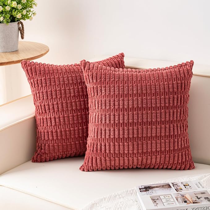 Pack of 2 Corduroy Decorative Throw Pillow Covers 18x18 Inch, Cranberry Red | Fall Soft Striped Pillow Covers Modern Farmhouse Home Decor Christmas Throw Pillow Covers for Sofa Living Room Couch Bed