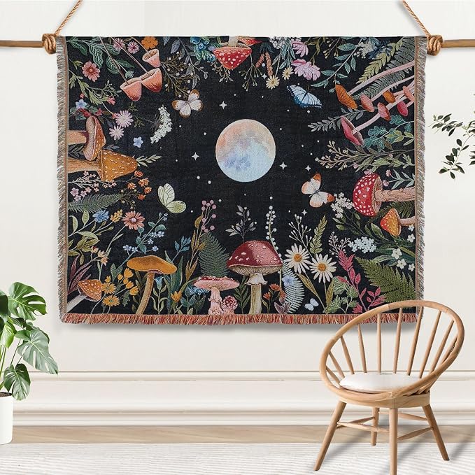 Moonlit Garden Woven Throw Blanket Cotton Boho Throw Blanket Moon Plant Blankets Boho Chic Decor Reversible Cute Witchy Throws Blankets with Tassels Bohemian Room Decor Luxury Couch Throws 51”x59”