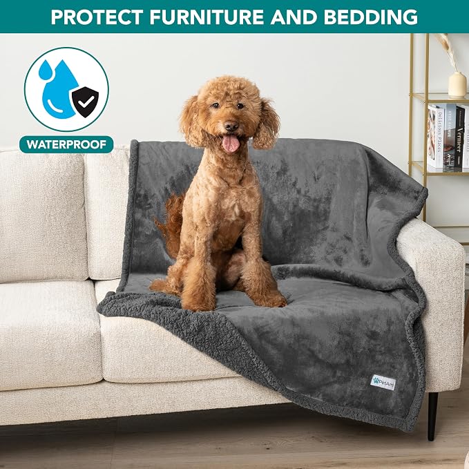 PetAmi Waterproof Dog Blanket for Medium Large Dog Pet, 60x40, Dark Grey | 460 GSM Sherpa Fleece Reversible, Pee Proof Cat Blanket, Furniture Protector Cover for Couch Bed Sofa Kennel, Washable, Large