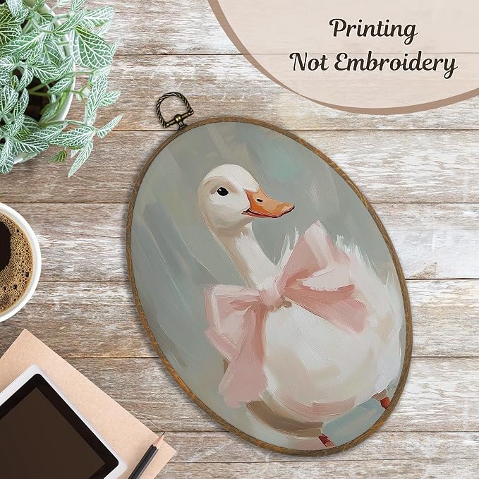 LKETW Coquette Pink Bow Goose Oval Wall Art Decor, Vintage Goose Oval Canvas Hanging Decor, Preppy Farmhouse Animal Wall Decorations for Girly Room Bedroom Dorm Home, 8.6x11.4 Inch