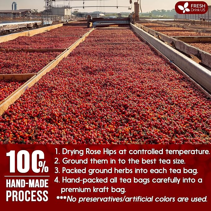 FreshDrinkUS, Premium 75 Rosehip Tea Bags, 100% Natural & Pure from Rose Hip Fruits. Loose Rosehip Herbal Tea. Made with Natural Material Tea Bags. No Sugar, No Caffeine, No Gluten, Vegan.