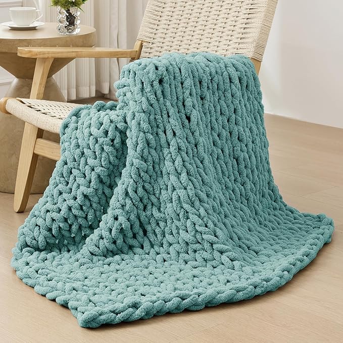 Bigacogo Chunky Knit Throw Blanket for Couch, 40x40 inches, Light Teal | Hand Knit with Jumbo Chenille, Soft Breathable Cable Knit for Sofa Bed Living Room, Machine Washable, Gift for Mom Friend