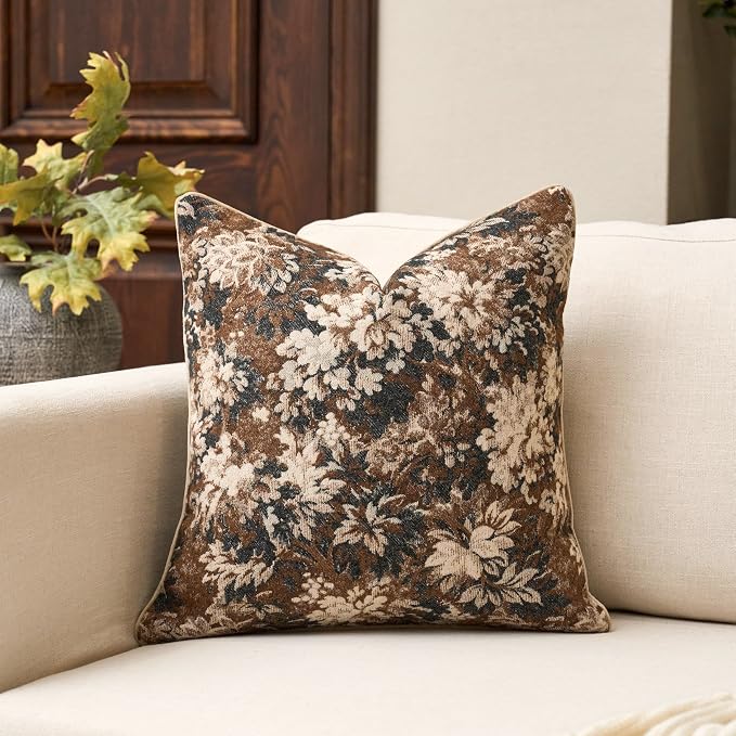 Neutral Floral Pillow Cover 24 x 24 Inches, Vintage Chenille Square Throw Pillow Cover Soft Decorative Farmhouse Accent Couch Pillow Cover for Living Room Bedroom, Coffee Brown