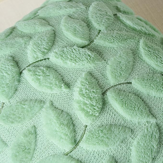 Softalker Spring Summer Throw Pillow Covers 18 x 18 Inch Set of 2, Green Leaves Soft Plush Faux Fur Cushion Covers, 3D Embroidered Pillow Cases for Couch Bedroom Living Sofa Room Home Decor, Sage