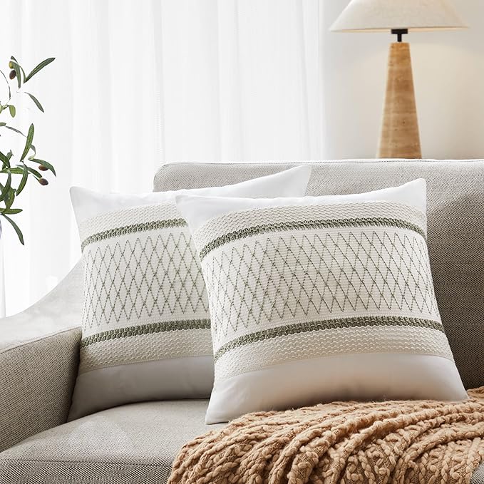 2pk Boho Pillow Covers 20x20, Natural White/Grid/Green | 100% Organic Cotton Body, Stripe Embroidery, Farmhouse Decorative Cushion Covers for Sofa Bed Living Room Home Decor