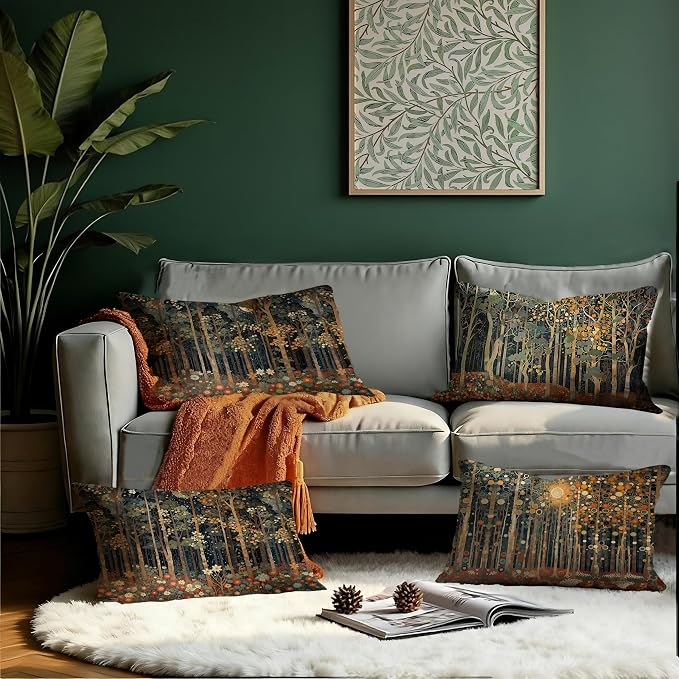 Rustic William Morris Inspired Forest Moon Pillow Covers 12x20 Set of 4,Vintage Botanical Nature Landscape Decorative Throw Pillow Covers for Home Bedroom Living Room,Fall Home Room Decor