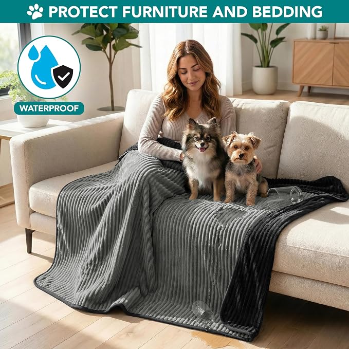PetAmi Waterproof Dog Blanket, Leakproof Pet Blanket for Small Medium Large Cats, Soft Plush Reversible Sofa Couch Cover Protector, Washable Puppy Throw for Bed Crate, 24x32 in, Black Grey