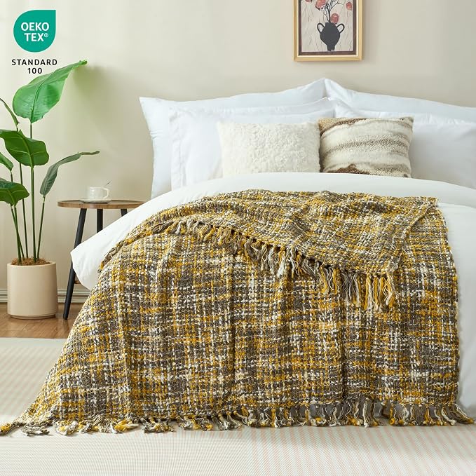Multi-Color Cable Woven Throw Blanket for Couch - 50"X60" | Multicolored Boho Style,Super Soft Warm Cozy Chunky Blankets with Decorative Tassels for Bed and Sofa,Gold
