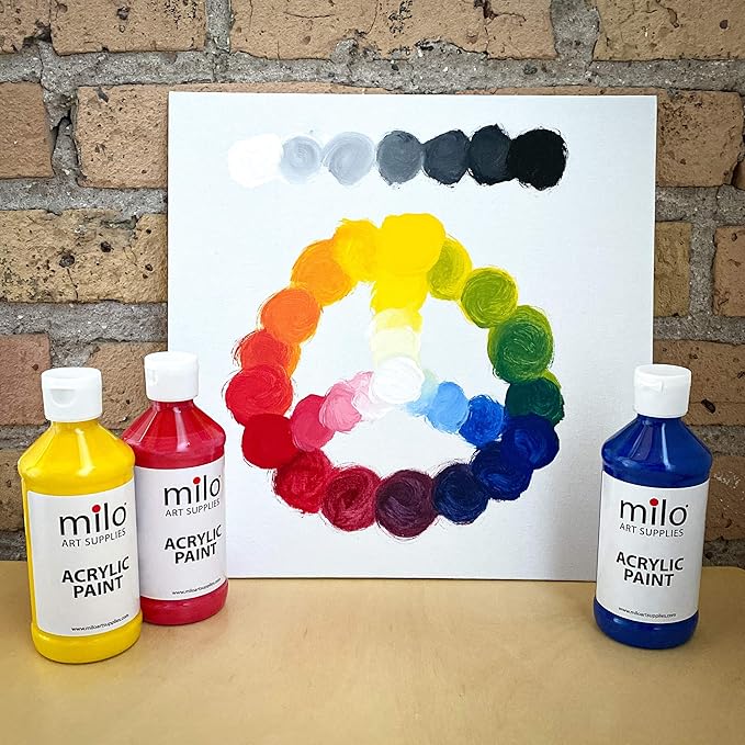 milo Acrylic Paint Set of 6 Colors | 4 oz Bottles | Student Primary Colors Acrylics Painting Pack | Made in the USA | Non-Toxic Art & Craft Paints for Artists & Hobby Painters