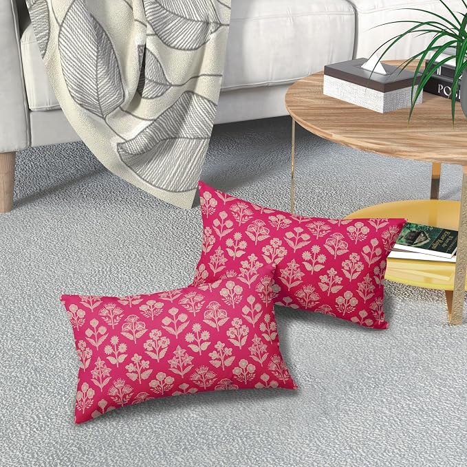 Hot Pink Pillow Covers 12x20 Inch Set of 2, Cream Floral Block Print Pattern Lumbar Decorative Throw Pillowcases Outdoor Farmhouse Rectangle Cushion Covers Spring Summer Sofa Couch Bed Decor