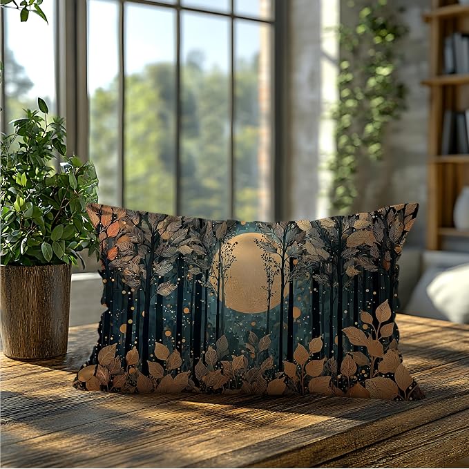Rustic William Morris Style Gold Moon Pillow Covers 20x12,Vintage Black and Gold Forest Moon Botanical Nature Landscape Decorative Throw Pillow Covers for Home Bedroom Living Room