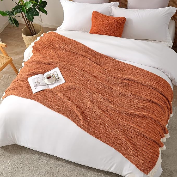 Snuggle Sac Burnt Orange Fall Throw Blanket for Couch, Fuzzy Microfiber Knit Halloween Blankets for Couch, Sofa, Travel, Burnt Orange, 50x60 inches