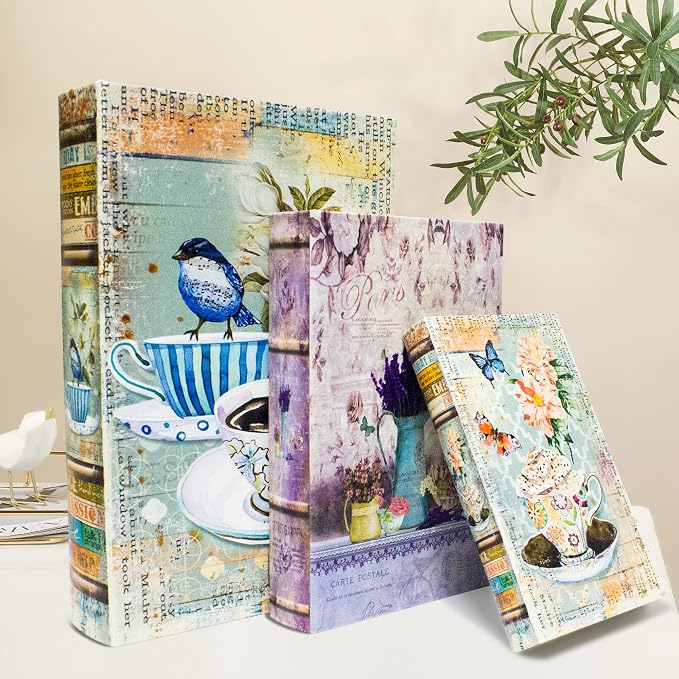 Fake Book Storage Box Decorative Flower Bird Pattern Set of 3 | Trinket Keepsake Greeting Card Book Shaped Storage Box,Vintage Box Coffee Table Decoration,Graduation Gift