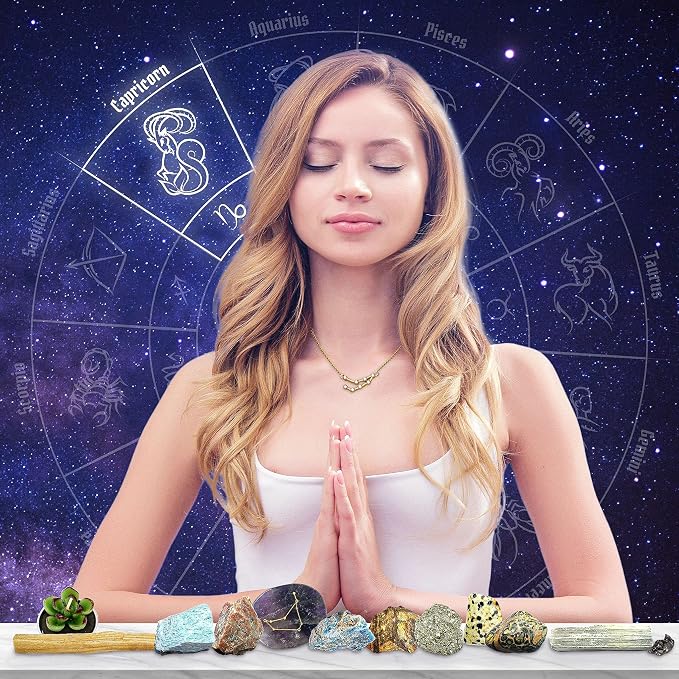 DANCING BEAR Capricorn Zodiac Healing Crystals Gift Set (14 Pc): 9 Stones, 18K Gold-plated Constellation Necklace, Meteorite, Succulent Candle, Palo Santo Smudge stick, and Info Guide, Made in the USA